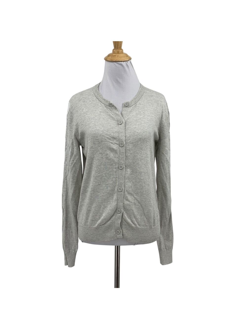 Jack Wills Cardigan Womens 8 Gray Cotton Button Front Lace Sleeve Sheer Panels
